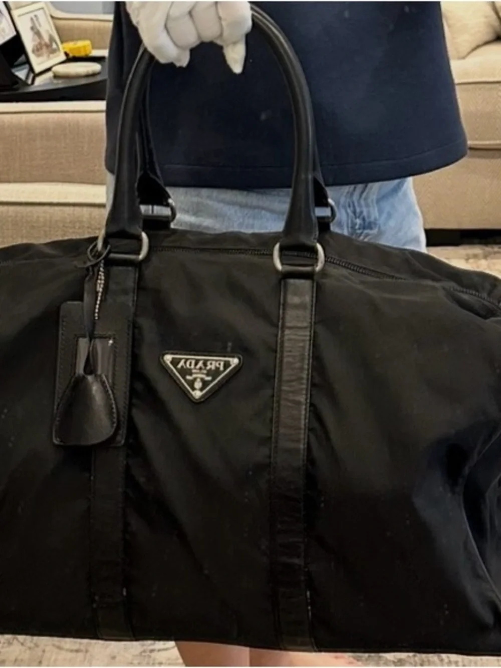Prada Black Tessuto Weekender Nylon Bag with Leather Trim